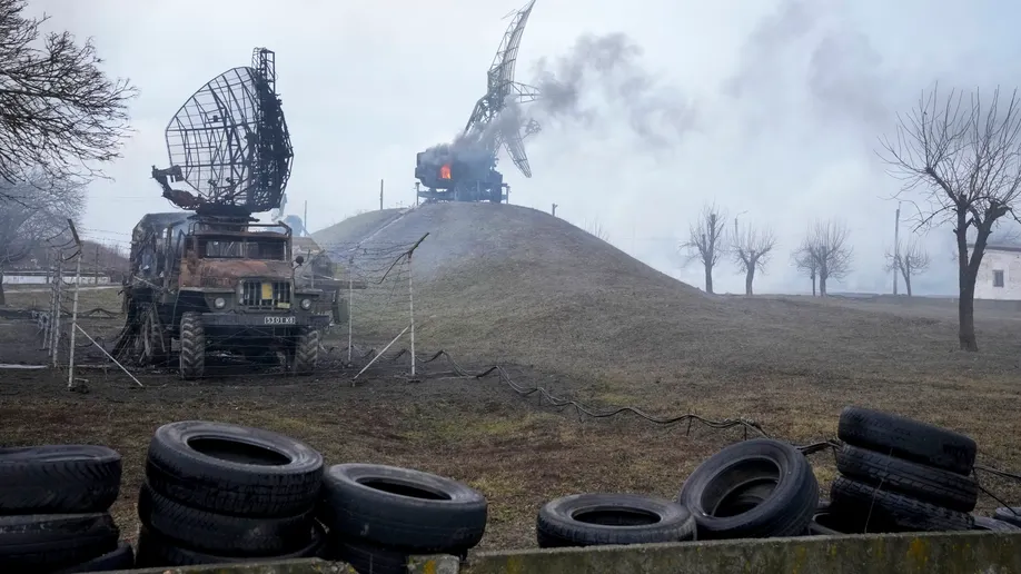 Damaged radar arrays and other equipment is seen at Ukrainian military facility outside Mariupol, Ukraine, Thursday, Feb. 24, 2022. Russia has launched a barrage of air and missile strikes on Ukraine early Thursday and Ukrainian officials said that Russian troops have rolled into the country from the north, east and south. ((AP Photo/Sergei Grits))