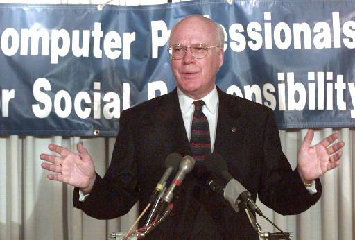 Sen. Patrick Leahy, D-Vt. gestures during an address against the recently enacted Communications Decency Act in 1996 in Washington, D.C. The legislation was part of the broad telecommunications deregulation bill signed by President Clinton, establishing government control of the Internet. The U.S. Supreme Court struck down provisions of the CDA in 1997 in Reno v. American Civil Liberties Union, distinguishing the Internet from radio, which the government regulates. (AP Photo/Ron Edmonds, used with permission from the Associated Press)