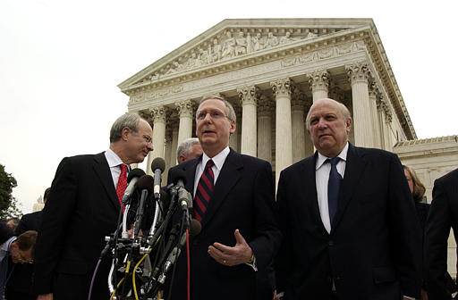 The Court has been less protective of anonymity in the arena of campaign finance. The tension between the protection of anonymity in some cases and the recognition of a state interest in compelled disclosure in others was left unresolved in the court’s decision in upholding a disclosure requirement in McConnell v. Federal Election Commission (2003). In this photo, U.S. Sen. Mitch McConnell, R-Ky., center, is flanked by his legal counsel Jon Baran, left, and Floyd Abrams, right, as he speaks to media outside the U.S. Supreme Court in Washington Monday, regarding the case. The Supreme Court heard arguments that day regarding McConnell's challenge to campaign finance reform laws. (AP Photo/Gerald Herbert)