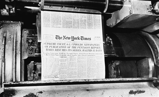 The New York Times resumed publication of its series of articles based on the secret Pentagon papers in its July 1, 1971 edition, after it was given the green light by the U.S. Supreme Court in New York Times v. United States. (AP Photo/Jim Wells)