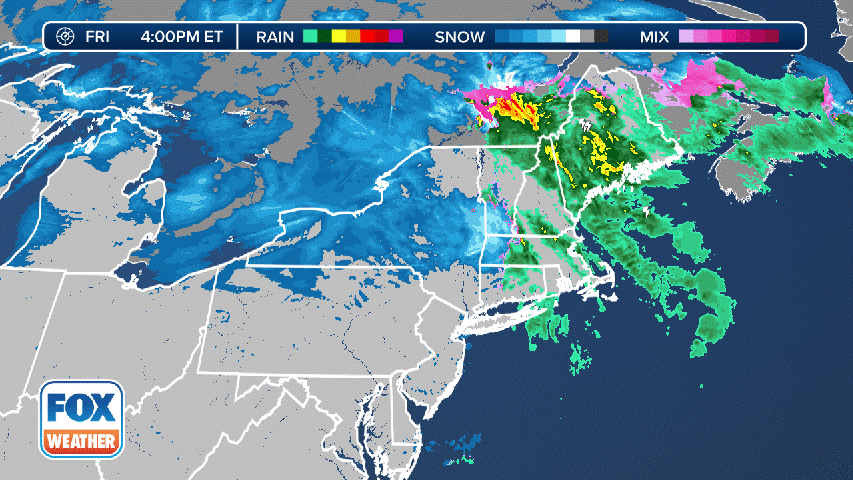 A three-hour radar loop showing where snow and/or rain is falling. (FOX Weather)