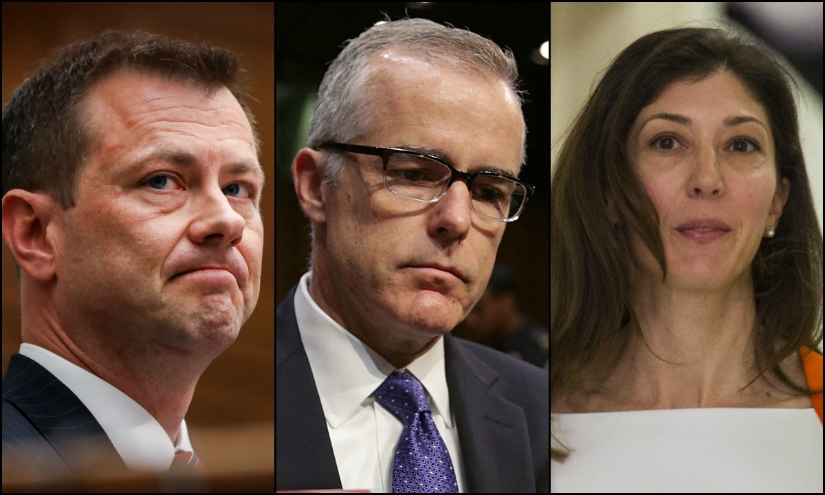 (L-R) FBI agent Peter Strzok, FBI Deputy Director Andrew McCabe, and FBI lawyer Lisa Page. (Getty Images/Epoch Times)