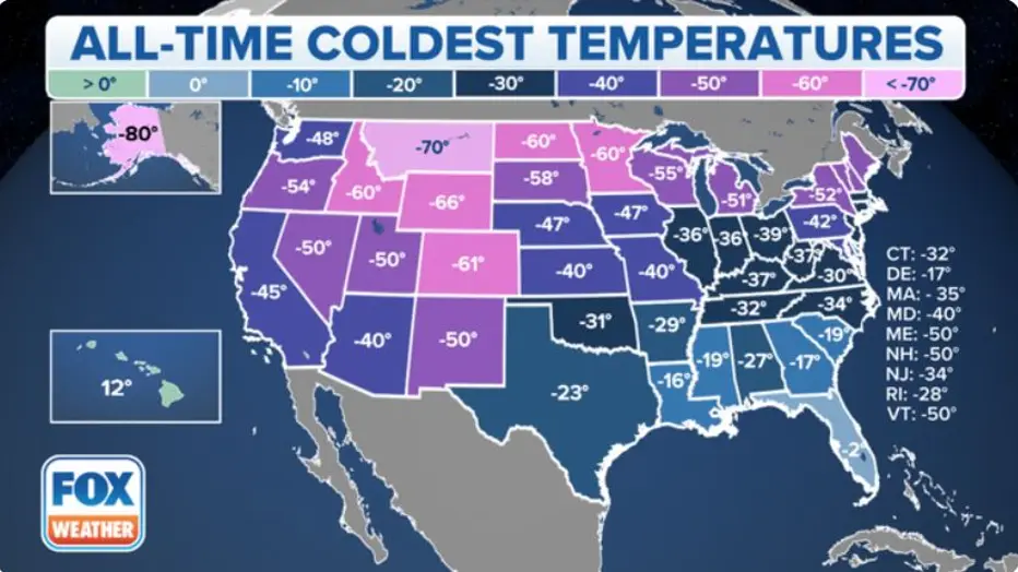 The all-time record low in each state is denoted on the map. (Data: NOAA/NCEI) (FOX Weather)