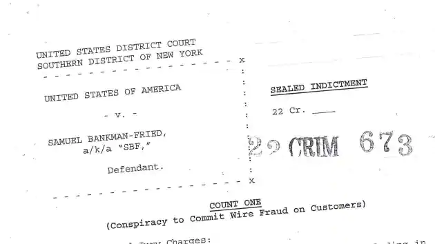The front page of the U.S. federal indictment of FTX founder Samuel Bankman-Fried by U.S. prosecutors in the Southern District of New York on charges of a conspiracy to commit wire fraud, is seen after being released by the U.S. Government in Washington, December 13, 2022.