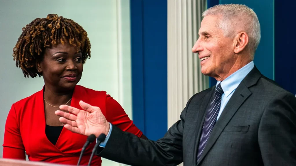 Chief Medical Advisor Dr. Anthony Fauci and White House Press Secretary Karine Jean-Pierre during the daily press briefing in the James Brady Room at the White House on November 22, 2022. (Demetrius Freeman/The Washington Post via Getty Images)