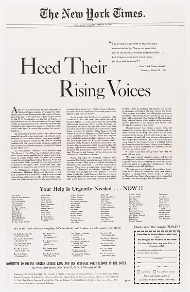 Actual malice is the legal standard established by the Supreme Court for libel cases to determine when public officials or public figures may recover damages in lawsuits against the news media. The standard came from the case New York Times Co. v. Sullivan (1964) involving this advertisement alleging abuses by the Montgomery police. (The New York Times advertisement that prompted a libel lawsuit by a city commissioner in Montgomery County who oversaw police, via National Archives, public domain)