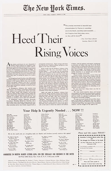 In New York Times v. Sullivan, a city commissioner of Montgomery, Ala., sued the New York Times over a 1960 advertisement titled "Heed Their Rising Voices." The ad highlighted struggles with police during the Civil Rights Movement. Because the ad contained factual errors, the libel claim could not be defeated by showing truth. The Supreme Court held that inaccurate statements in the ad did not negate the right to a free press and said to protect erroneous statements that are "inevitable in free debate" about public affairs, public officials must show actual malice before recovering damages. (Image of ad published March 29, 1960, public domain)