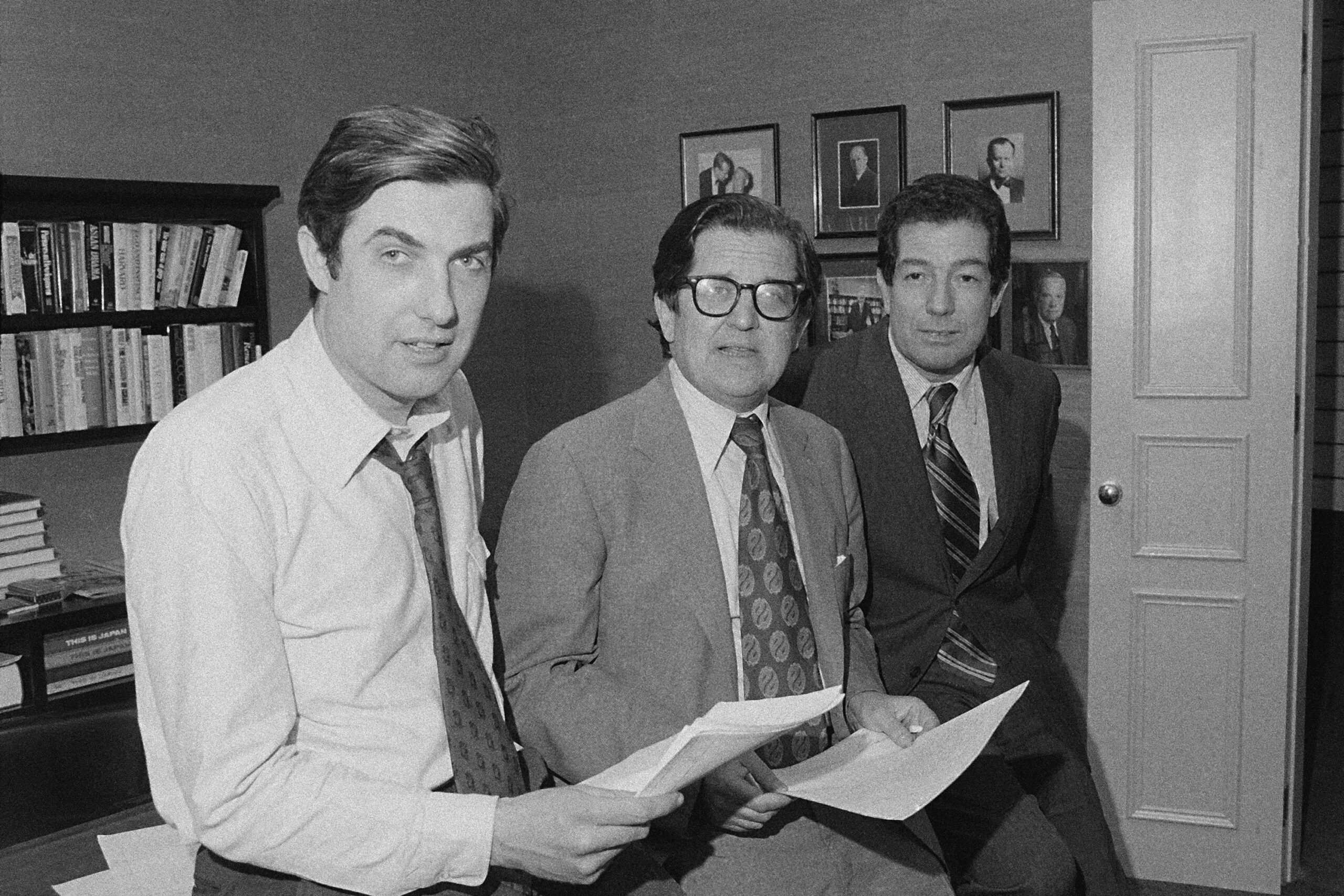 New York Times Co. v. United States (1971), also called the "Pentagon Papers" case, defended the First Amendment right of free press against prior restraint by the government. In this photo, (from left) Reporter Neil Sheehan, Managing Editor A.M. Rosenthal and Foreign News Editor James L. Greenfield are shown in an office of the New York Times in New York, May 1, 1972, after it was announced the team won the Pulitzer Prize for public service for its publication of the Pentagon Papers. Sheehan, who obtained and wrote most of the stories about the papers for the Times, was not cited in the award. (AP Photo/John Lent, republished with permission from The Associated Press)