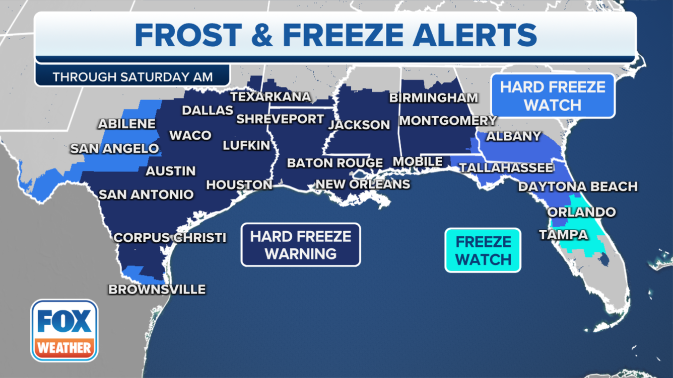 A map showing Freeze Alerts.(FOX Weather)