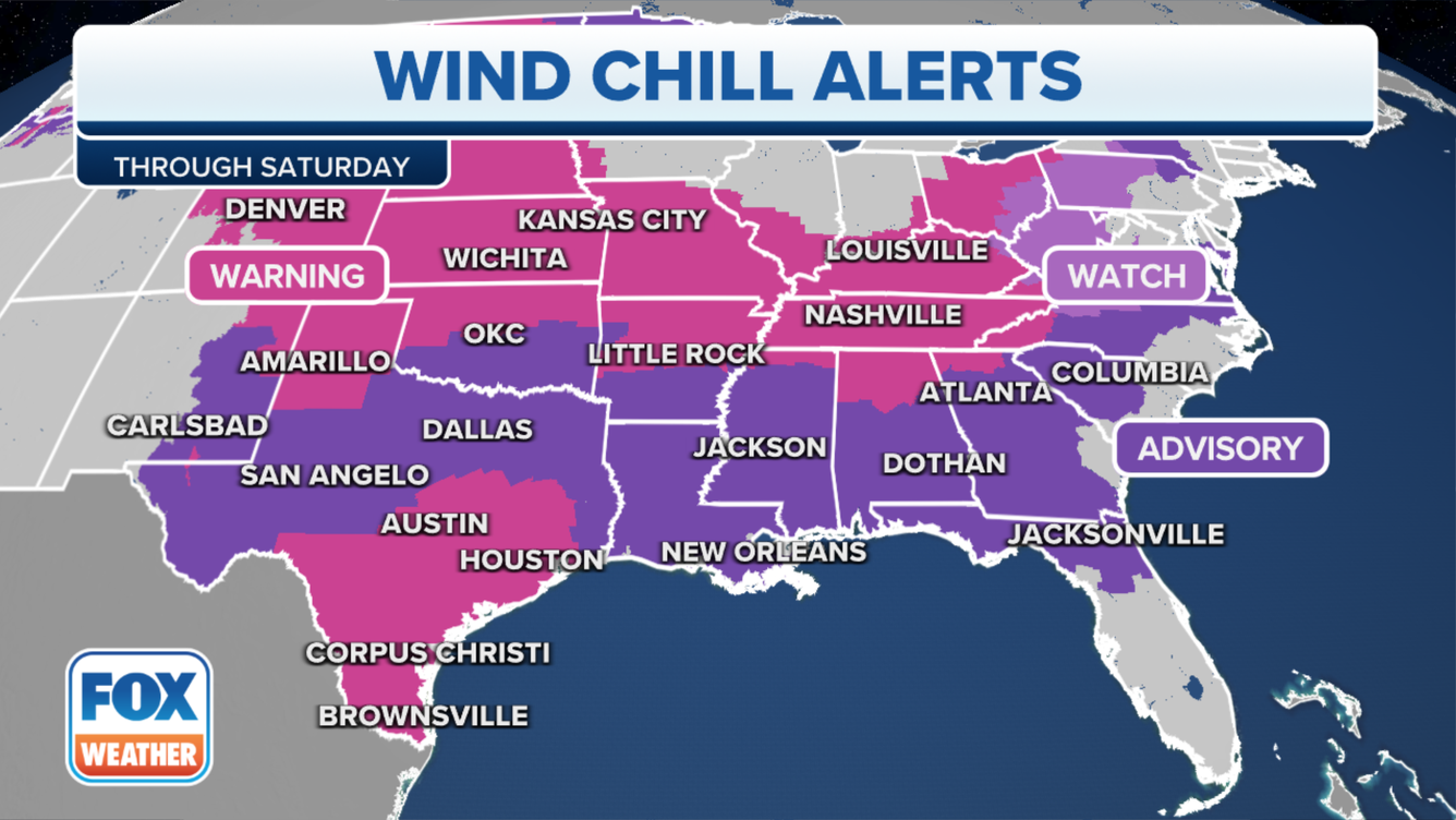 A map showing Wind Chill Alerts. (FOX Weather)