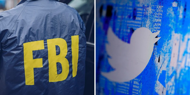 A split image of an FBI agent in an official windbreaker and the Twitter logo on a blue screen. (iStock and AP Photo/Gregory Bull, respectively)