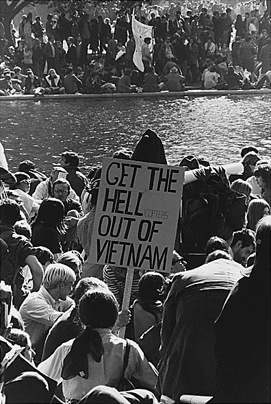 An anti-Vietnam War protester, Robert Watts, was prosecuted and convicted for threatening President Lyndon B. Johnson after he said at an anti-war rally, "If they ever make me carry a rifle, the first man I want to get in my sights in L.B.J." The case went to the Supreme Court, which said that Watts' remark was the sort of "political hyperbole" that did not constitute a true threat, and ruled the statute that criminalized threats against the president as unconstitutional on its face. Later, courts used the "Watts factors" in true-threat analysis, considering the context of the threat, the conditional nature and reaction of the listeners. The Watts case came during a time of multiple marches and protests against the war, as the one shown here in Washington D.C. in October 1967 where a sign reads "GET THE HELLicopters OUT OF VIETNAM." (Photo, public domain via Wikimedia Commons)