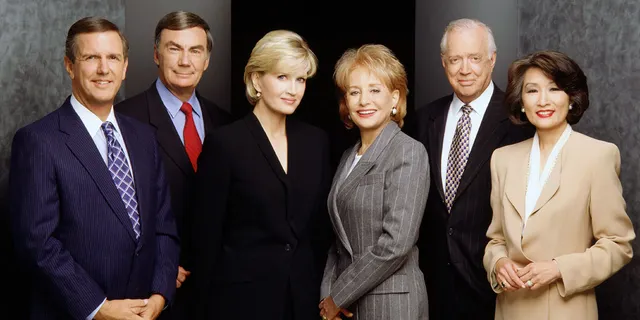 New York, NY - 1998: (L-R) Charles Gibson, Sam Donaldson, Diane Sawyer, Barbara Walters, Hugh Downs, Connie Chung promotional photo for the ABC TV series '20/20'. (Photo by Michael O'Neill /Walt Disney Television via Getty Images)