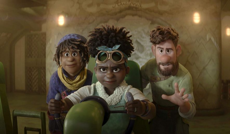 This image released by Disney shows Ethan Clade, voiced by Jaboukie Young-White, left, Meridian Clade, voiced by Gabrielle Union, center, and Searcher Clade, voiced by Jake Gyllenhaal, in a scene from the animated film “Strange World.” (Disney via AP)