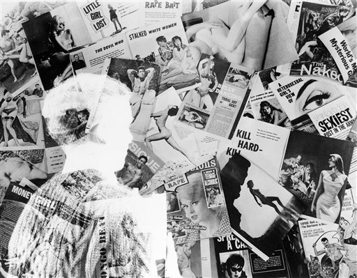 A "ghosted" image of a teen stands before a wide array of pornographic magazines in this double exposure shot in 1964. Material that may not be obscene for adults is often considered harmful to minors and restricted. Harmful-to-minors laws seek to protect minors from such material. (AP Photo/Bob Wands, used with permission from the Associated Press)