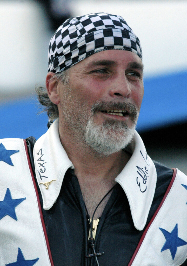 FILE - Robbie Knievel appears after his motorcycle jump before the start of the IRL Firestone 550 auto race at the Texas Motor Speedway in Fort Worth, Texas on June 5, 2010. Knievel, an American stunt performer, died early Friday at a hospice in Reno, Nev., with his daughters at his side, his brother Kelly Knievel said. He was 60. (AP Photo/Randy Holt, File)