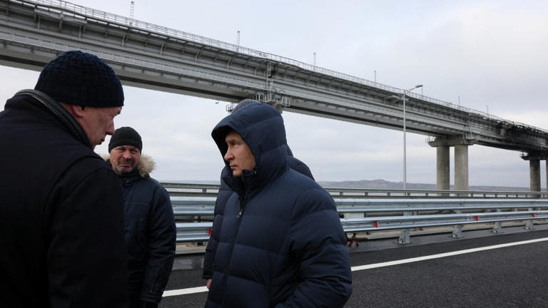 This photograph released by Russian state media shows Russian President Vladimir V. Putin at the Kerch Strait Bridge in December. The bridge links the Russian-occupied Crimean Peninsula to Russia.© Sputnik, via Reuters