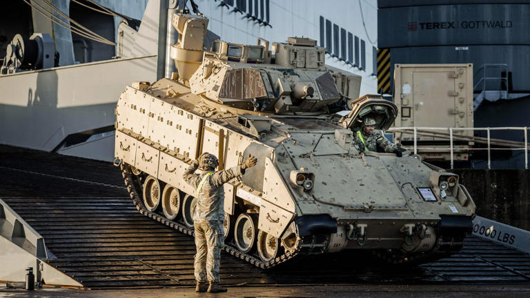The Bradleys are armored personnel carriers mounted with powerful 25-millimeter guns and guided missiles that can take on Russian tanks.© Remko De Waal/Agence France-Presse, via Getty Images