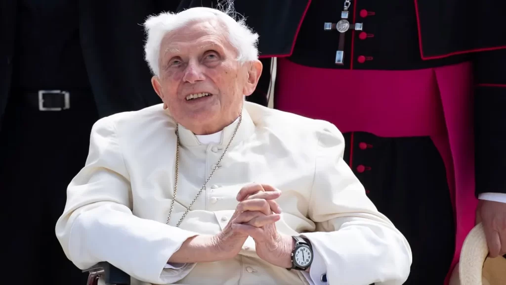 Emeritus Pope Benedict XVI arrives for his departure at Munich Airport in Freising, Germany. (Sven Hoppe/dpa via AP)