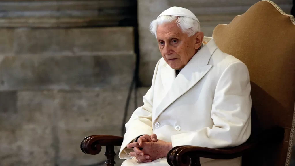 Pope Emeritus Benedict XVI attends a Mass prior to the opening of the Holy Door of St. Peter's Basilica, formally starting the Jubilee of Mercy, at the Vatican on Dec. 8, 2015. (AP/Gregorio Borgia, File)
