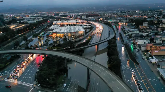 An aerial view of flooding on Highway 101 as a heavy rainstorm hits the West Coast on December 31, 2022 in San Francisco, California.(ayfun Coskun/Anadolu Agency / Getty Images)