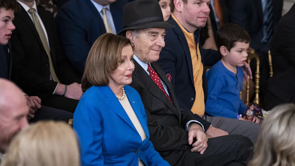 Rep. Nancy Pelosi and her husband Paul Pelosi appear in the East Room of the White House in Washington, D.C., on Jan. 17, 2023. (Al Drago/Bloomberg via Getty Images)