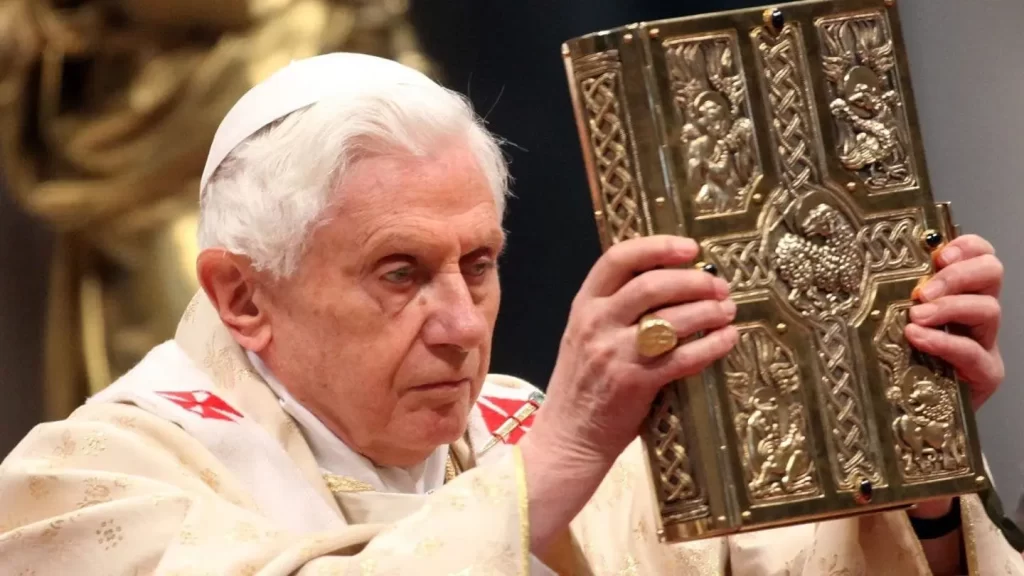 Pope Benedict XVI shows the gospel as he celebrates a mass with newly appointed cardinals at St. Peter's Basilica, on Feb. 19, 2012, in Vatican City, Vatican. (Franco Origlia/Getty Images)