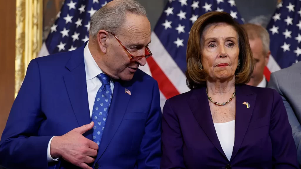 House Speaker Nancy Pelosi, D-Calif., speaks with Senate Majority Leader Chuck Schumer, D-NY, at the U.S. Capitol Building on Dec. 8, 2022 in Washington, D.C.  (Anna Moneymaker/Getty Images)