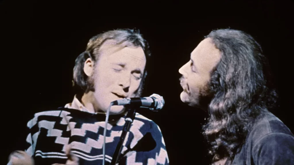 Stephen Stills and David Crosby of Crosby, Stills and Nash performed on stage at the Woodstock Music and Art Festival in 1969. (Fotos International/Getty Images)