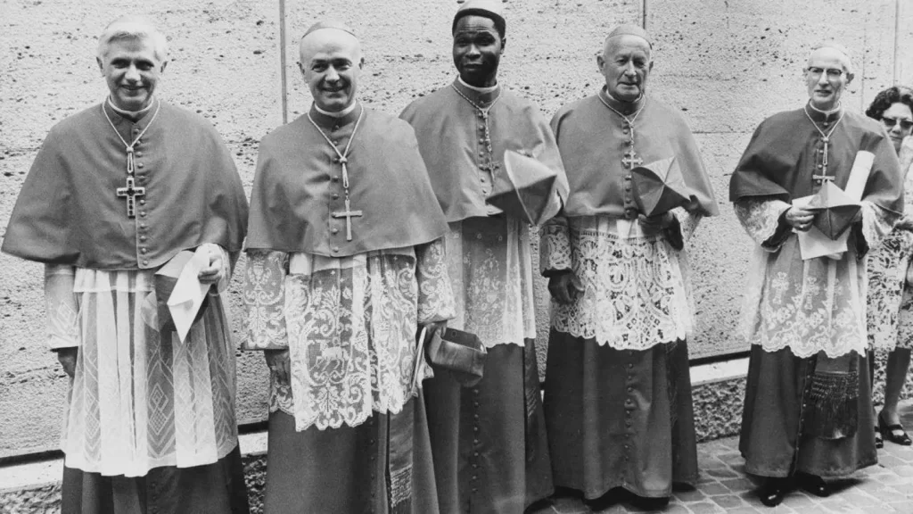 Five new cardinals created by the Pope at the Vatican, 27th June 1977. From left to right, they are Cardinal Joseph Ratzinger of Germany (later Pope Benedict XVI), Cardinal Giovanni Benelli, the former Vatican Under-Secretary of State, Cardinal Bernardin Gantin of Benin, Cardinal Frantisek Tomasek of Prague, and Cardinal Mario Luigi Ciappi, a Vatican theologian. (Keystone/Hulton Archive/Getty Images)