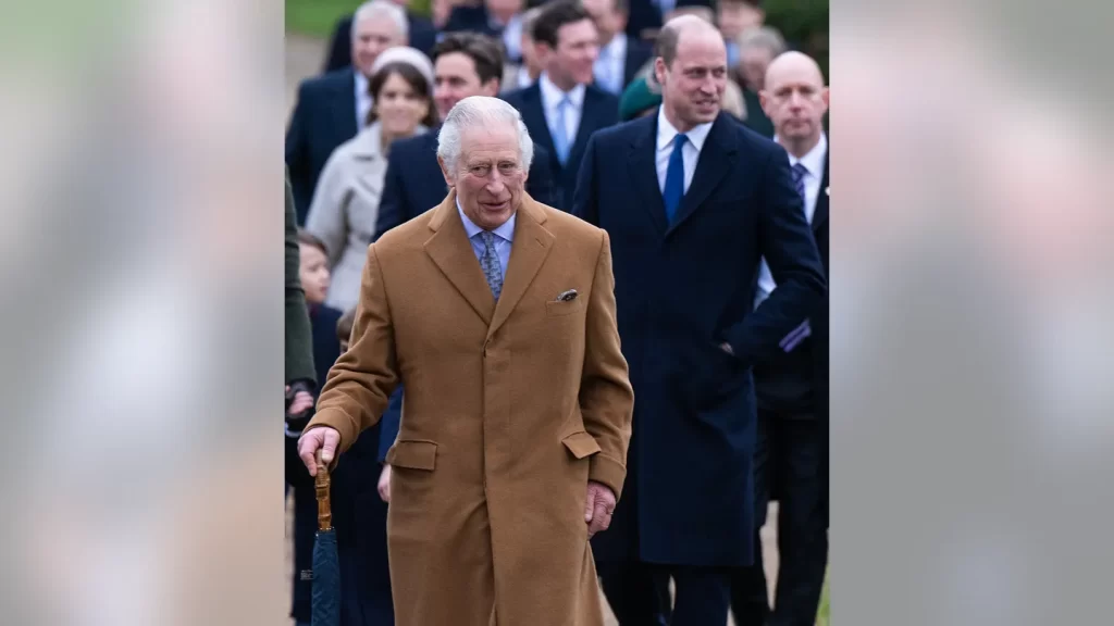 King Charles III, left, and his son Prince William, Prince of Wales attend the Christmas Day service at Sandringham Church on Dec. 25, 2022, in Sandringham, Norfolk. King Charles III ascended to the throne on September 8, 2022, with his coronation set for May 6, 2023. (Photo by Samir Hussein/WireImage)
