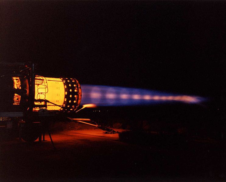 Shock diamonds are the bright areas seen in the exhaust of this statically mounted Pratt & Whitney J58 engine on full afterburner, burning off the last of the SR-71 fuel before the program ended.