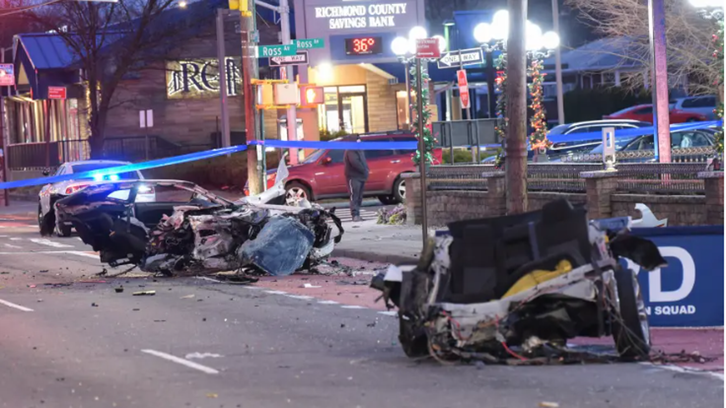 A Staten Island, New York, man accused of driving drunk allegedly crashed into a utility pole, splitting the vehicle into three parts, ejecting his pregnant fiancé, and ripping the baby out of her womb, according to reports. (New York Post/Seth Gottfried)