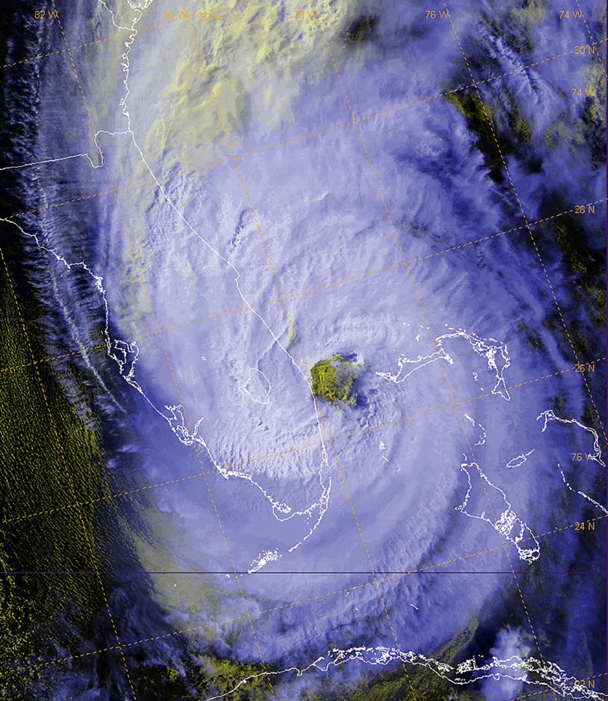 A satellite photo from the Defense Meteorological Satellite Program and the Air Force Weather Agency shows Hurricane Wilma passing over Florida.