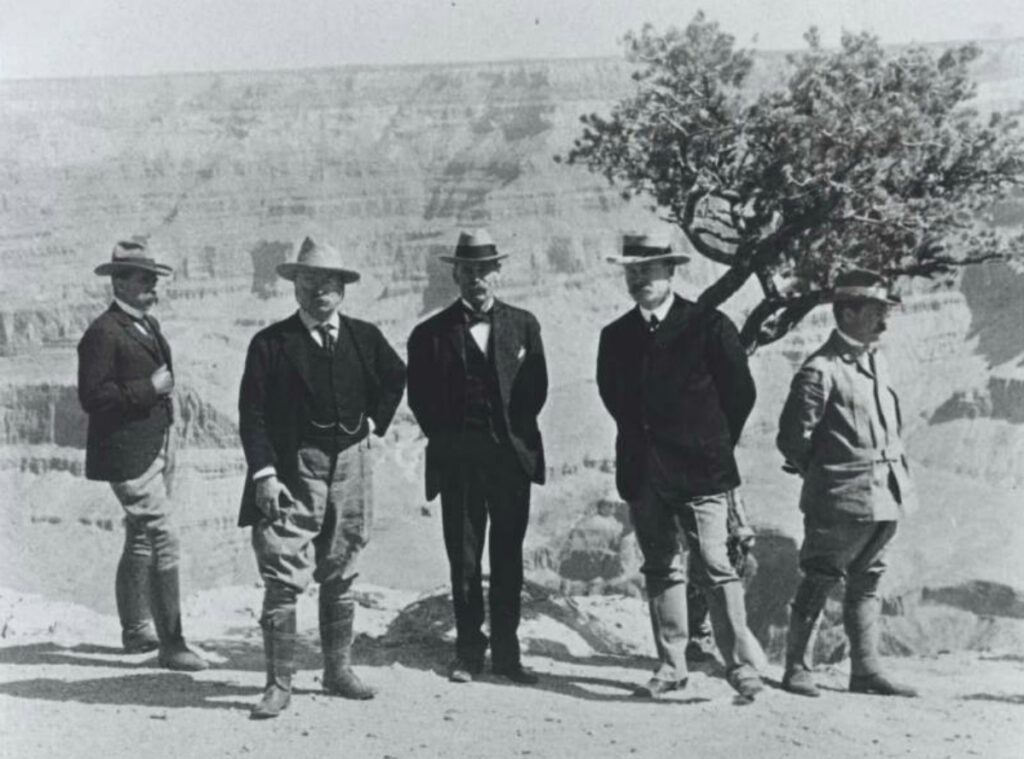 President Theodore Roosevelt and other officials pose in front of the Grand Canyon in 1903. Photo courtesy of the Library of Congress.