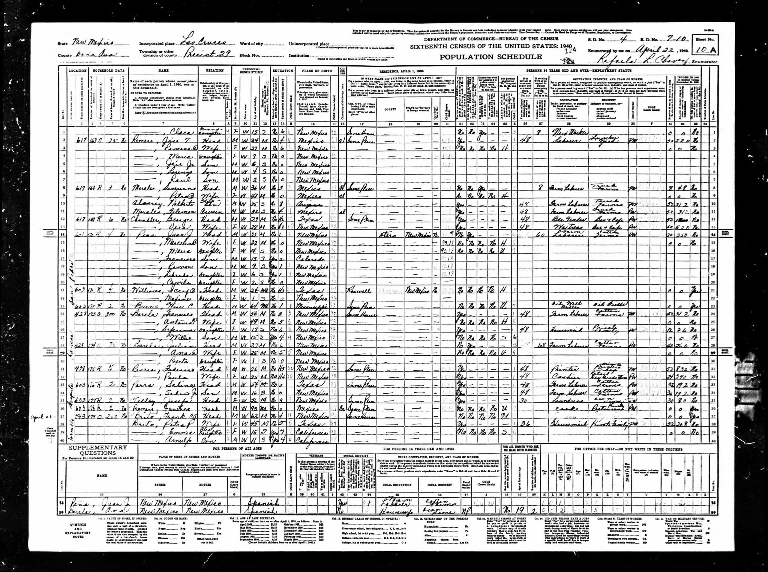 This snapshot of Frank C Brito's life was captured by the 1940 U.S. Census.Frank C Brito was born about 1878. In 1940, he was 62 years old and lived in Las Cruces, New Mexico, with his wife, Petra, son, and daughter.