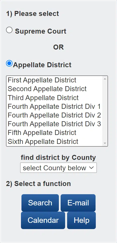 California Courts Website – Appellate Courts Case Information – Search – Appellate Case Search – web UI screenshot – form.