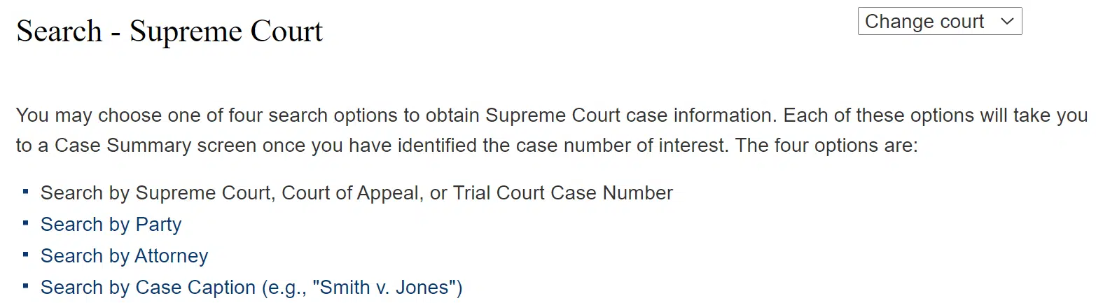 California Courts Website – Appellate Courts Case Information – Search – Supreme Court Case Search – web UI screenshot – introduction.